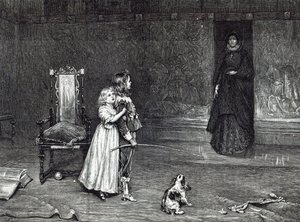 Derbyn kreivitärnän esiintyminen kultaisessa huoneessa, kohtaus Scottin Peveril of the Peak -elokuvasta Leisure Hour, 1888 tekijältä John Pettie