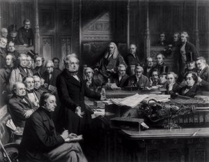 Alahuone vuonna 1860: Lordi Palmerston puhui parlamentille keskustelun aikana sopimuksesta Ranskan kanssa, kaiverrus Falkner, 1863 (katso myös 42219 ja 107821) tekijältä John Phillip