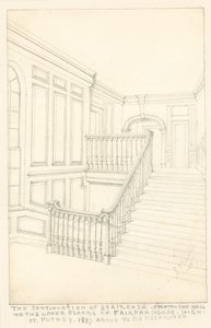 Fairfax House, High Street, Putney, High Street, Putney, 1887, eteisestä yläkerroksiin johtavan portaikon jatkaminen.