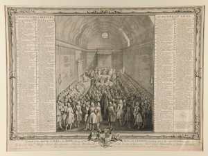 Näkymä House of Peers, kuningas istuu valtaistuimellaan, Commons osallistui häneen istunnon lopussa 1741/2 tekijältä John Pine