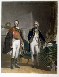 Kenraalimajuri Sir Arthur Wellesleyn ja vara-amiraali Horatio Nelsonin tapaaminen, syyskuu 1805, kaiverrus Samuel William Reynolds (1794-1872), pub. kirjoittanut A.J. Isaacs tekijältä John Prescott (after) Knight