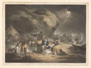 Afrikkalaiset auttavat brittiläisiä tuholaisia Afrikkalainen vieraanvaraisuus (otsikko esineessä) tekijältä John Raphael Smith