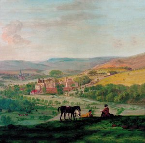 1700-luvun näkymä Haddon Hallista Bakewellin kylän taustalla tekijältä John Raphael Smith