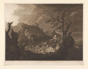 Myrskyinen maisema bardilla kallion reunalla tekijältä John Raphael Smith