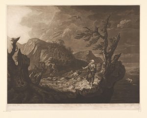 Myrskyinen maisema bardilla kallion reunalla tekijältä John Raphael Smith