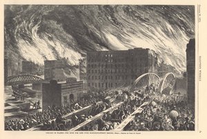 Chicago liekeissä – elämän kiire Randolph Streetin sillan yli, kuva Harpers Weeklystä, 1871 tekijältä John Reuben after Chapin
