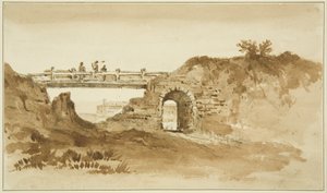 Väliaikainen silta Coronation Roadilla New Gaolia vastapäätä, n. 1821 (kynä ja seepiapesu paperilla)