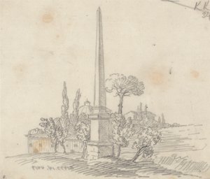 Um obelisco com telhados e árvores ao longe tekijältä John Robert Cozens