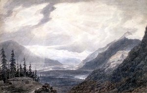 PD.6-1965 Pays de Valais, lähellä Genevejärveä, n. 1776 (intialainen muste, kynä ja pesu paperille) tekijältä John Robert Cozens