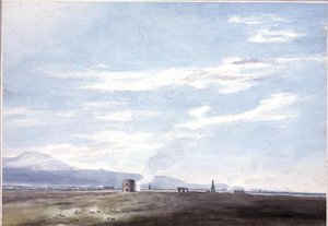 Haudan jäännökset Campagnassa lähellä Roomaa, n. 1783 (akvarelli kynällä paperille) tekijältä John Robert Cozens