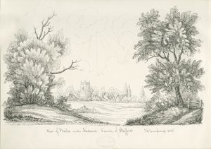 Barton Under Needwood Village: kynä- ja mustepiirustus, 1836 tekijältä John Robert Fernyhough