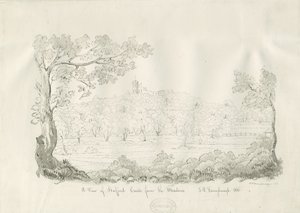 Stafford Castle - East View: kynä- ja seepiapiirustus tekijältä John Robert Fernyhough