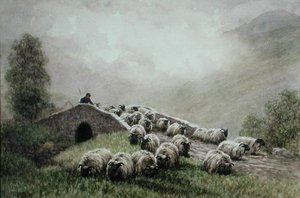 Highland Bridge paimen ja lauma (akvarelli paperille) tekijältä John Robert Keitley Duff