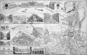 Suunnitelma Wansteadin, Tylneyn jaarlin kotipaikan talosta, puutarhoista, puistosta ja istutuksista, 1735. tekijältä John Rocque