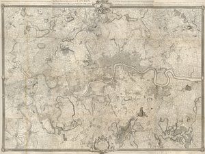 Lontoon kartta 1700-luvulta. Tarkka tutkimus Lontoon kaupungista, Westminster ye Borough of Southwarkista ja maasta noin 10 mailin etäisyydellä alkoi vuonna 1741 ja päättyi vuonna 1745 / John Rocquen maanmittaaja & (kaiverrettu) Richard Parr. tekijältä John Rocque