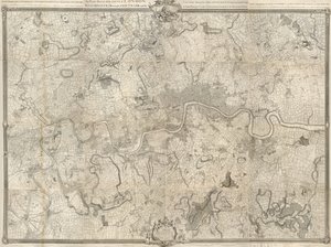 Tarkka katsaus Lontoon, Westminsterin, Southwarkin kaupunginosien ja Ten Miles kierroksen lähellä sijaitsevan maan kaupungeista tekijältä John Rocque
