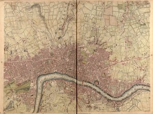 "Tarkka kartoitus Lontoon ja Westminsterin kaupungeista, Southwarkin kaupunginosasta ja lähes kymmenen mailin säteellä olevasta maasta", noin 1746 (kaiverrus). tekijältä John Rocque