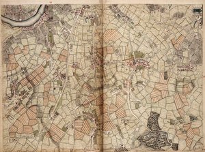 Vauxhallin, Claphamin, Peckhamin ja Dulwichin kartta tekijältä John Rocque