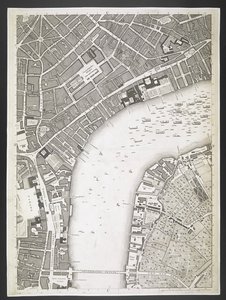 Lontoon suunnitelma, Strand, Westminster-silta,  Suunnitelma Lontoon ja Westminsterin kaupungeista sekä Southwarkin kaupunginosasta; : vierekkäisten rakennusten kanssa; Varsinaisesta tutkimuksesta, / ottanut JOHN ROCQUE, maanmittaus, ja kaivertanut John Pi tekijältä John Rocque