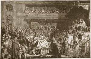 The Acquittal of the Seven Bishops, 1688, kuvitus teoksesta "The Church of England: A History for the People", kirjoittanut H.D.M. Spence-Jones, pubi. n. 1910 (seepiavalokuva) tekijältä John Rogers Herbert