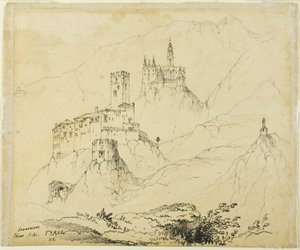 Linnoituksia Tirolissa, lähellä Malsia (etusivu); Lenzburgin linna (kääntöpuoli). tekijältä John Ruskin