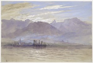 Kevätaamu, koillistuulella, Veveyssä, touko-kesäkuussa 1849 tai 1. toukokuuta 1869 (akvarelli ja vartaloväri grafiitin päällä vaaleanharmaalla kudottupaperilla) tekijältä John Ruskin