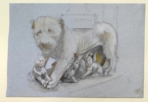 Luonnos leijonasta ja pennuista Nicola Pisanon Sienan saarnatuolista, kesäkuu 1870 (akvarelli ja vartaloväri grafiitin päällä siniharmaalla kudottupaperilla) tekijältä John Ruskin