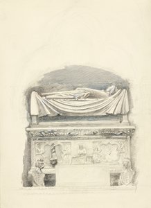Sarkofagi ja Cangrande I della Scalan haudan kuva, Verona, 21.5.-1.7.1869 (grafiitti, akvarelli ja vartaloväri kudottupaperille) tekijältä John Ruskin