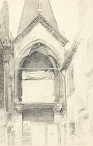 Cangrande I della Scalan hauta, Verona, 28.5.-29.6.1869 (grafiitti, akvarelli ja vartaloväri kudottupaperille) tekijältä John Ruskin