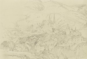 Näkymä Luzerniin ylhäältä, loka-joulukuu 1861 (grafiittia kynällä ja musteella vaaleanharmaalla kudottupaperilla) tekijältä John Ruskin