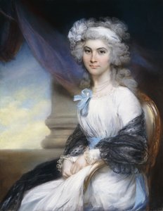Muotokuva neiti Sophia Vansittartista, kolme neljäsosaa, yllään valkoinen mekko, jossa on valkoinen nauha puuteroiduissa hiuksissaan ja musta huivi olkapäille, istuu klassisen pylvään vieressä, tekijältä John Russell
