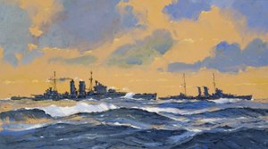 Brittiläiset risteilijät HMS Exeter ja HMS York (guassi paperille). tekijältä John S. Smith