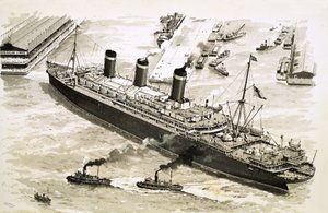 Hinaajat ohjaavat höyrylaiva Leviathania kohti laituria New Yorkin satamassa. tekijältä John S. Smith