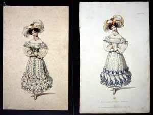 Luonnos ja printti muotilevystä, n. 1829 (kynä & akvarelli paperille ja käsinvärinen kaiverrus)