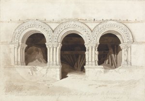 Kaaret St. Georges de Boschervillen luostarin länsipuolella, lähellä Rouenia, Normandiassa, n. 1818 (grafiitti, ruskea pesu ja kynä ja muste paperilla kortilla) (katso 172543) tekijältä John Sell Cotman