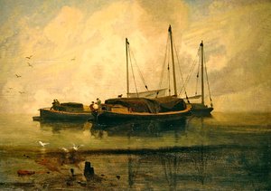 Boats at Anchor, Bladon Water, Norfolk (öljy kankaalle) tekijältä John Sell Cotman