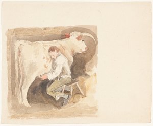 Poika lypsämässä lehmää tekijältä John Sell Cotman