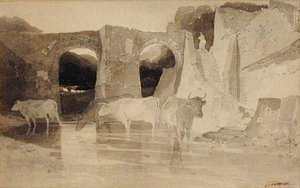 Silta ja lehmät (kynä ja muste ja pese paperille) tekijältä John Sell Cotman