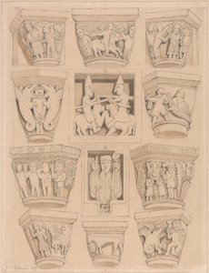 Pääkaupungit ja A & B-basreliefit Saint Georges de Bochervillen luostarikirkossa, lähellä Rouenia, Normandia tekijältä John Sell Cotman