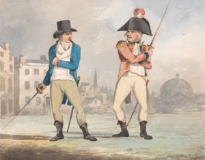 Karikatyyri kahdesta miekkoja kantavasta miekkamiehestä (yksi kolmesta sarjasta) tekijältä John Sell Cotman