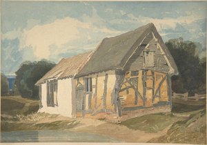 Maatilan rakennus lammen rannalla tekijältä John Sell Cotman
