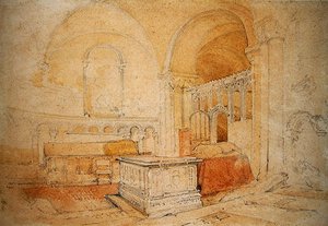Norwichin katedraalin sisustus (kynä ja akvarelli paperille) tekijältä John Sell Cotman