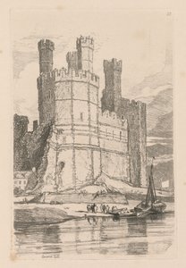 Tutkimuskirja: Plate 28, Caernarvon Castle, N. Wales, 1838 tekijältä John Sell Cotman