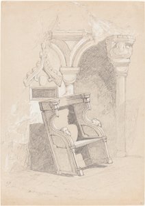 Luonnos tuhoutuneesta kirkon sisustuksesta tuolin kanssa tekijältä John Sell Cotman