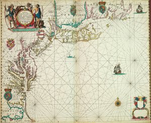 Uuden Englannin, New Jerseyn, Virginian, Marylandin ja Carolinan merirannikoiden kartta Cape Codista Cape Hatterasiin.
