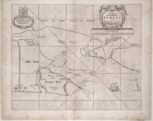 Bombayn ja Sallsetin kartta, jonka on laatinut Samuel Thornton, Itä-Intian komppanian hydrografi, ensijulkaisu noin vuonna 1685. tekijältä John Seller