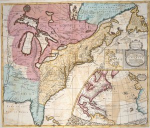 Amerikan ja Kanadan kartta "Uudesta yleisatlasista, joka sisältää maantieteellisen ja historiallisen kertomuksen kaikista maailman imperiumit, kuningaskunnat ja muut hallitukset..."