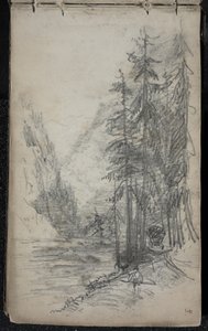 Vuoristomaisema puilla, 1871-72 (grafiitti tummennetulla luonnonvalkoisella kudospaperilla) tekijältä John Singer Sargent