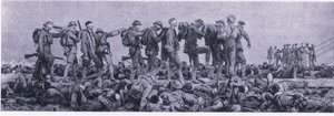 Pukeutumisasema. Sinappikaasun aiheuttamia uhreja Collinsin julkaisemasta British Adventure -teoksesta vuodelta 1947. tekijältä John Singer Sargent