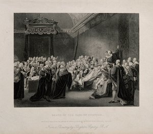 William Pittin, Lord Chathamin, kuolema Westminsterin palatsin ylähuoneessa vuonna 1778. J. Copleyn teoksen pohjalta tehty kaiverrus, 1779. tekijältä John Singleton Copley